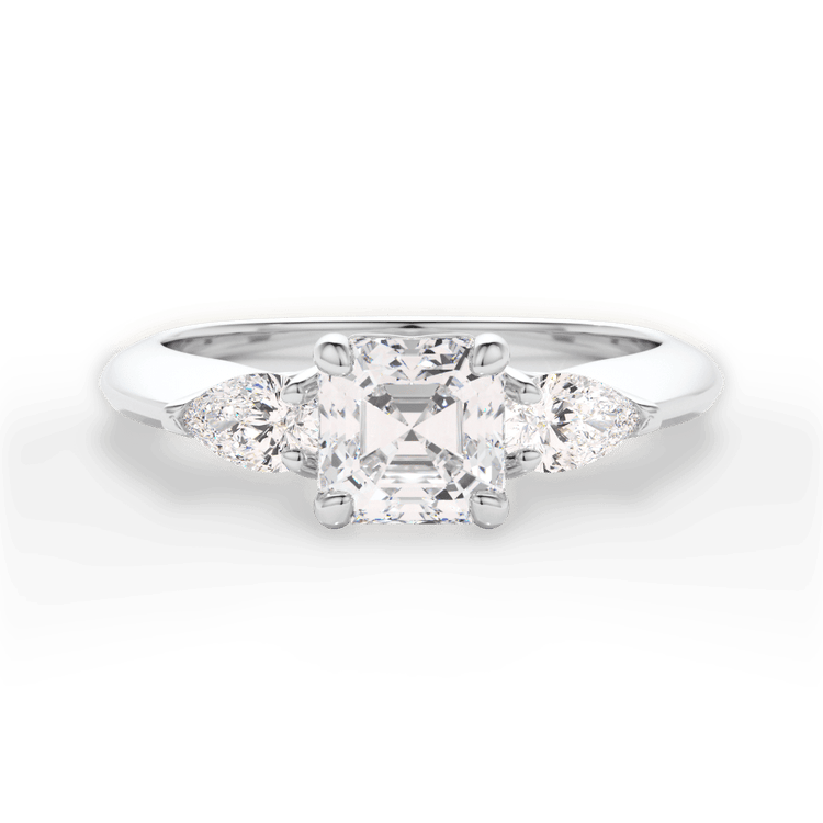 The Ava Asscher Cut Platinum Three-Stone Diamond Engagement Ring