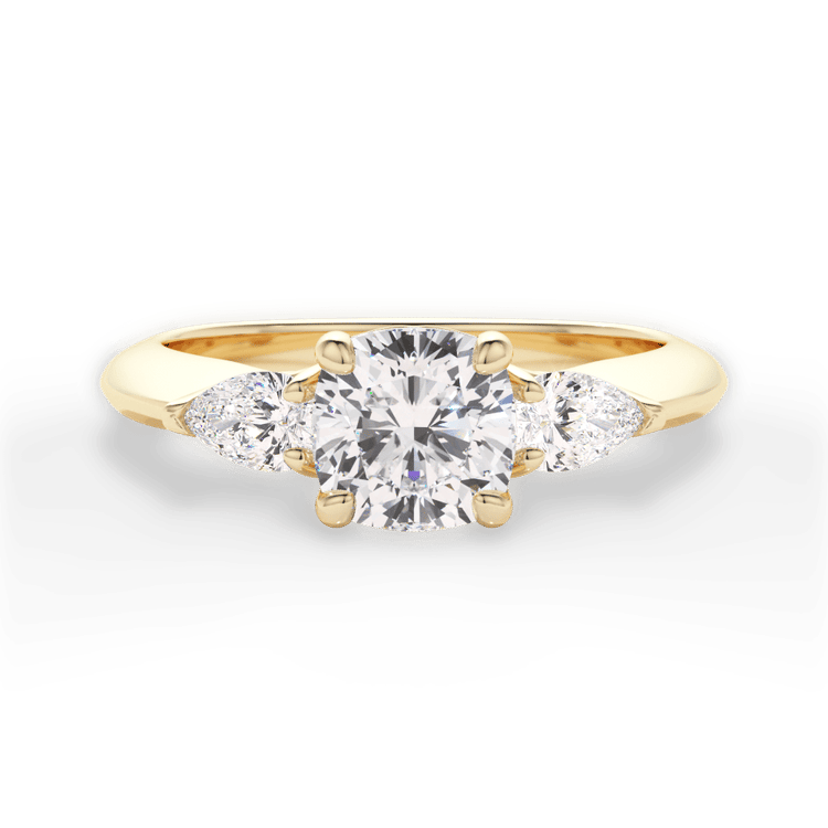 The Ava Cushion Cut 18kt Yellow Gold Three-Stone Diamond Engagement Ring