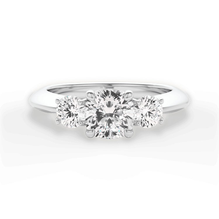 The Olivia Cushion Cut Platinum Three-Stone Solitaire Engagement Ring