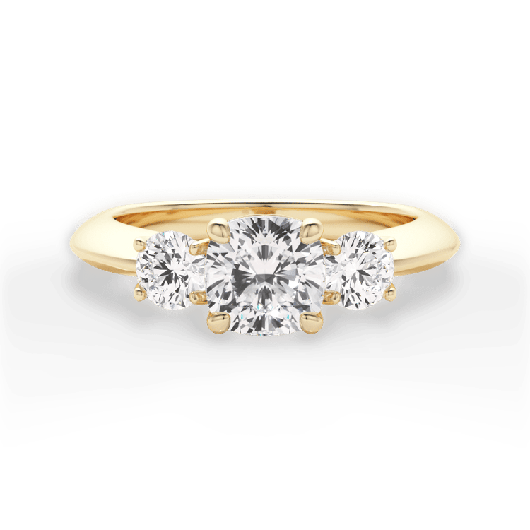 The Olivia Cushion Cut 18kt Yellow Gold Three-Stone Solitaire Engagement Ring