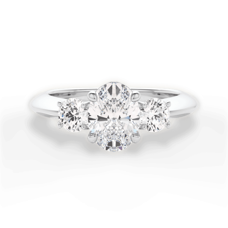The Olivia Oval Cut Platinum Three-Stone Solitaire Engagement Ring