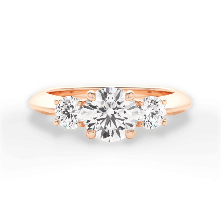 The Olivia Round Cut 18kt Rose Gold Three-Stone Solitaire Engagement Ring