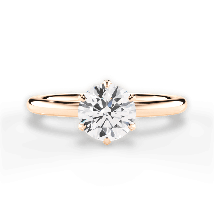 The Hera Round Cut 18kt Rose Gold Six-Prong Petal Head Solitaire Engagement Ring