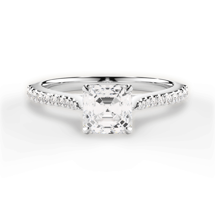 The Linnie Asscher Cut Platinum Petal Head Diamond Band Engagement Ring