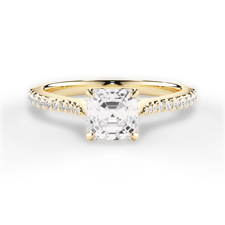 The Linnie Asscher Cut 18kt Yellow Gold Petal Head Diamond Band Engagement Ring