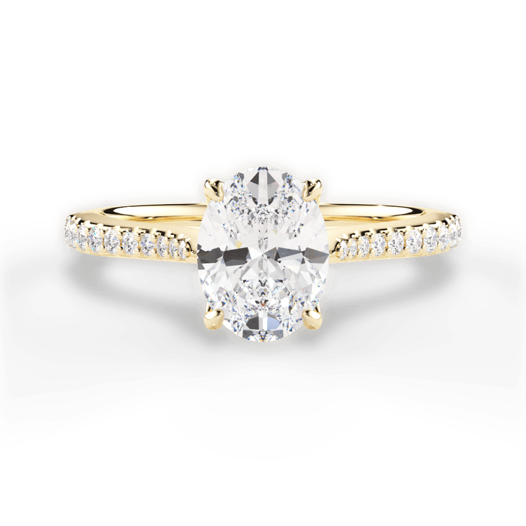 The Linnie Oval Cut 18kt Yellow Gold Petal Head Diamond Band Engagement Ring