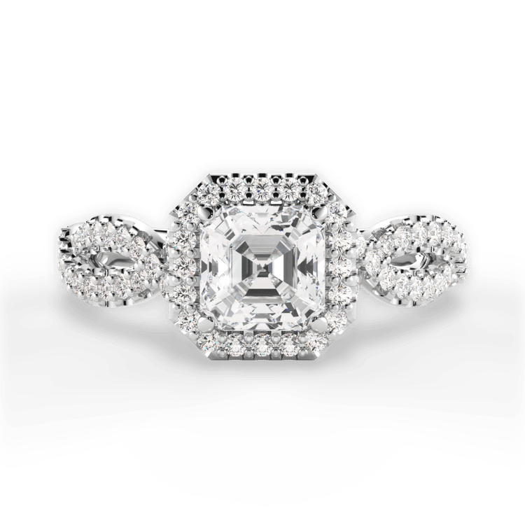 The Grace Asscher Cut Platinum Diamond Twist Halo Engagement Ring
