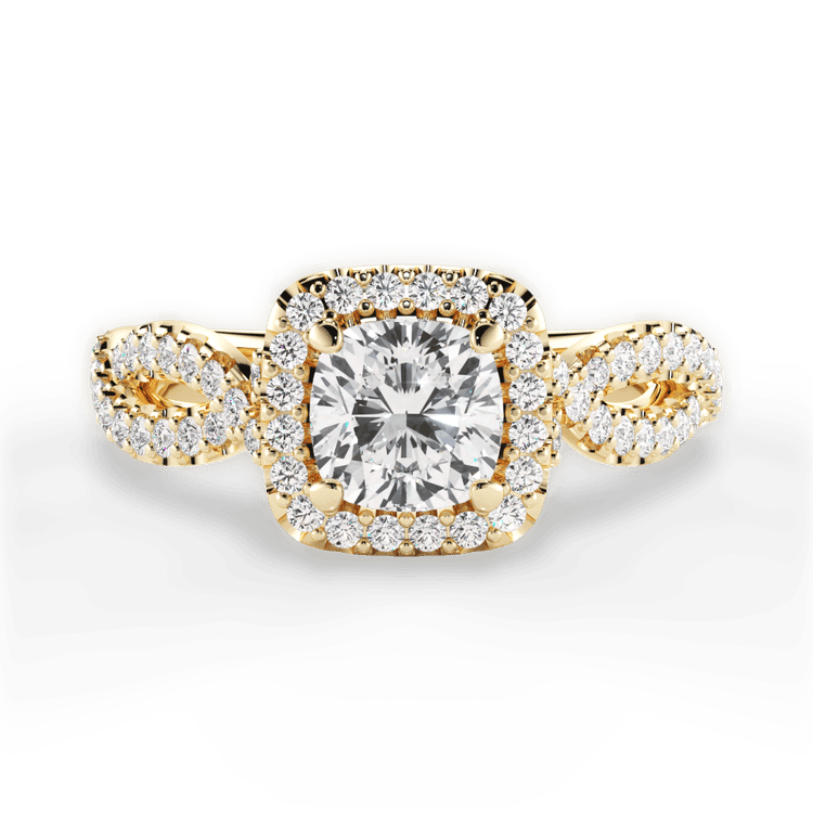 The Grace Cushion Cut 18kt Yellow Gold Diamond Twist Halo Engagement Ring