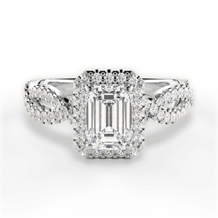 The Grace Emerald Cut Platinum Diamond Twist Halo Engagement Ring