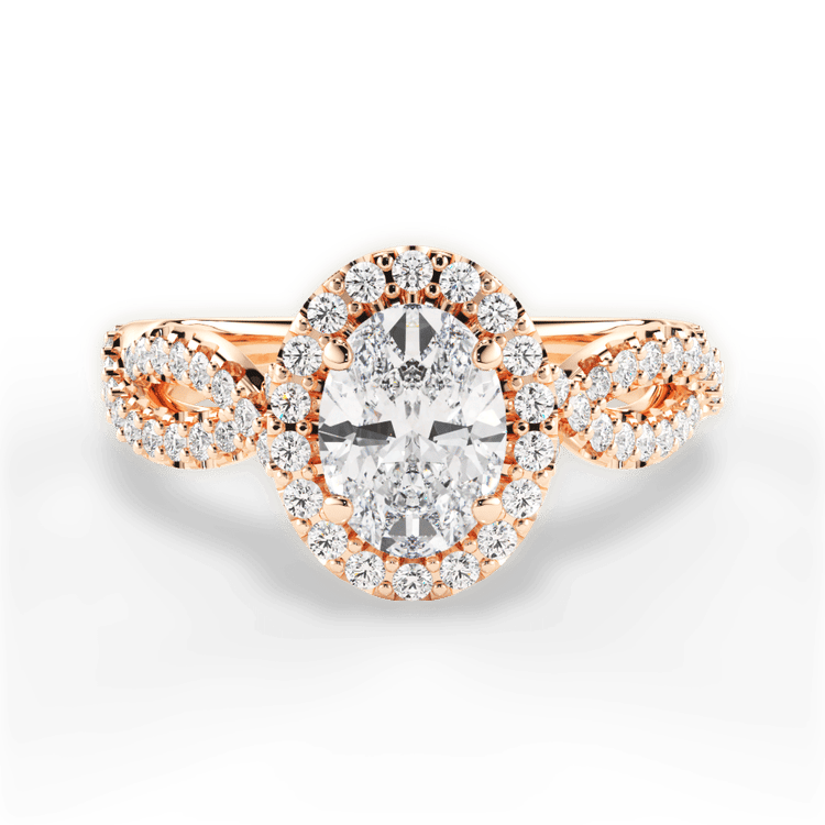 The Grace Oval Cut 18kt Rose Gold Diamond Twist Halo Engagement Ring