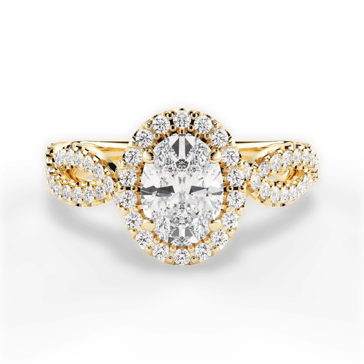 The Grace Oval Cut 18kt Yellow Gold Diamond Twist Halo Engagement Ring