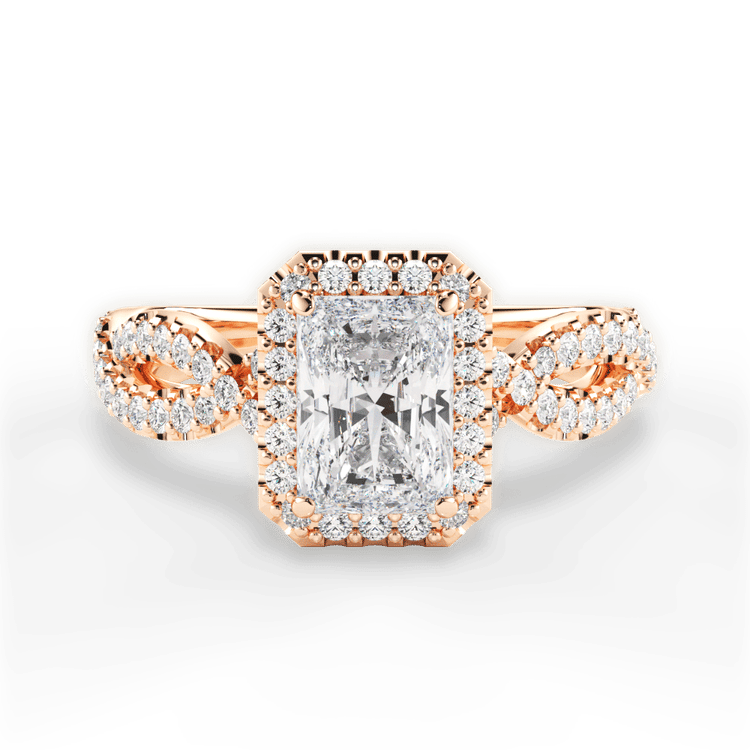 The Grace Radiant Cut 18kt Rose Gold Diamond Twist Halo Engagement Ring