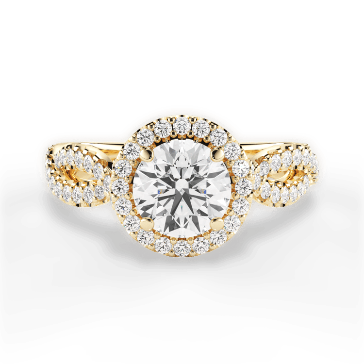 The Grace Round Cut 18kt Yellow Gold Diamond Twist Halo Engagement Ring