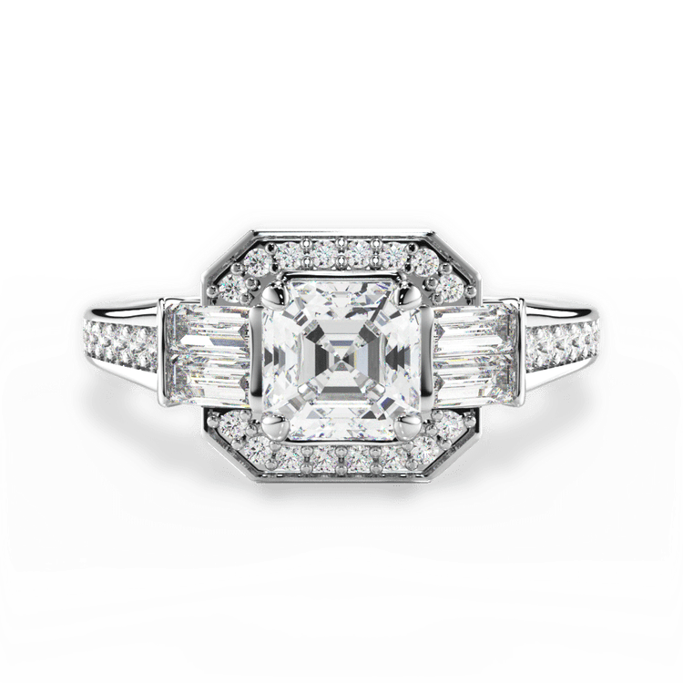 The Ada Asscher Cut Platinum Baguette Halo Diamond Engagement Ring