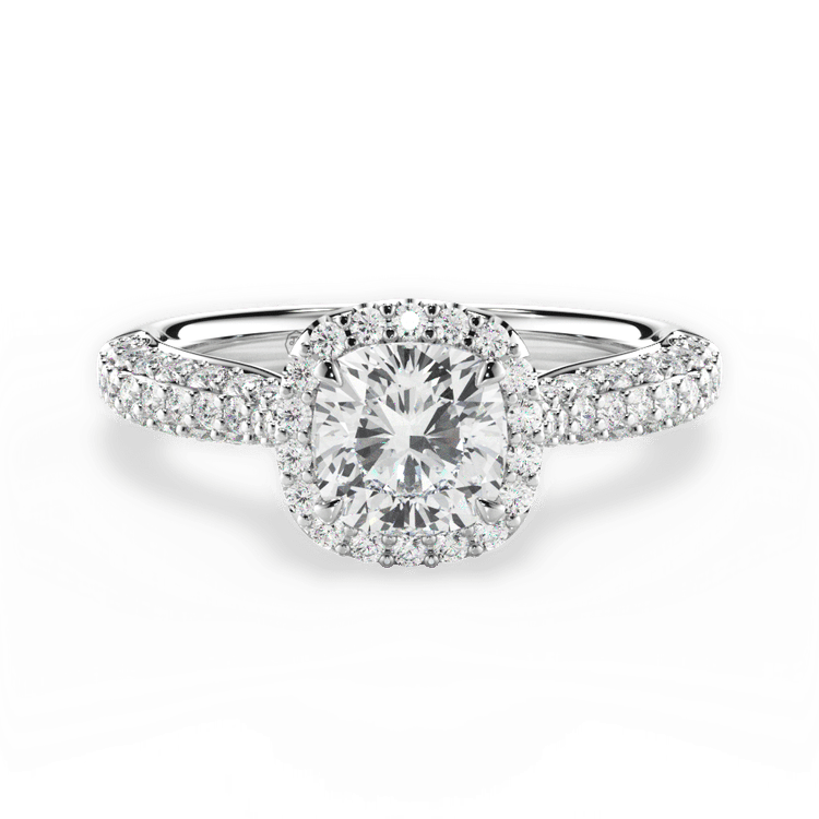 The Leilani Cushion Cut Platinum Three Row Pavé Diamond Halo Engagement Ring