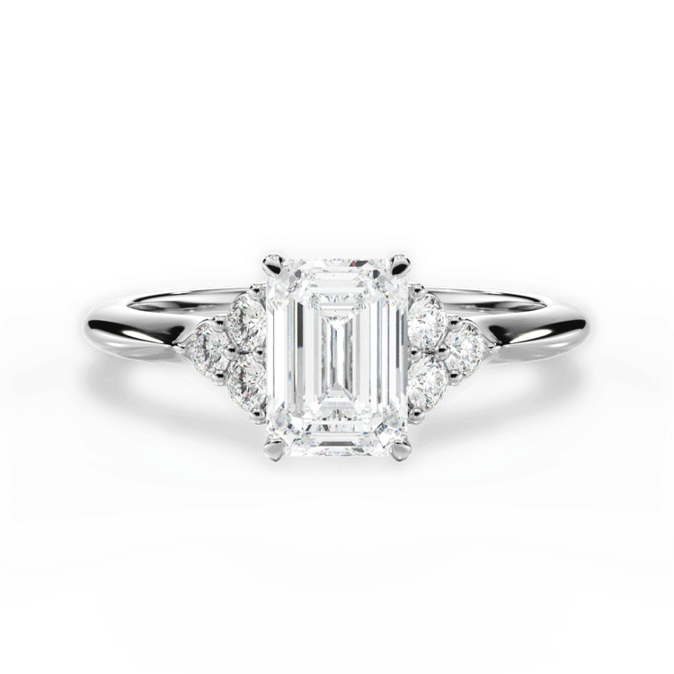 The Dalia Emerald Cut Platinum Cluster Sidestone Diamond Engagement Ring