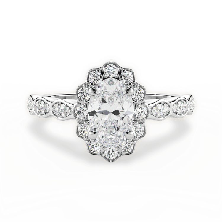 The Talia Oval Cut Platinum Floral Halo and Marquise Diamond Engagement Ring