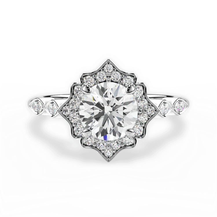 The Capri Round Cut Platinum Vintage Floral Halo Diamond Engagement Ring