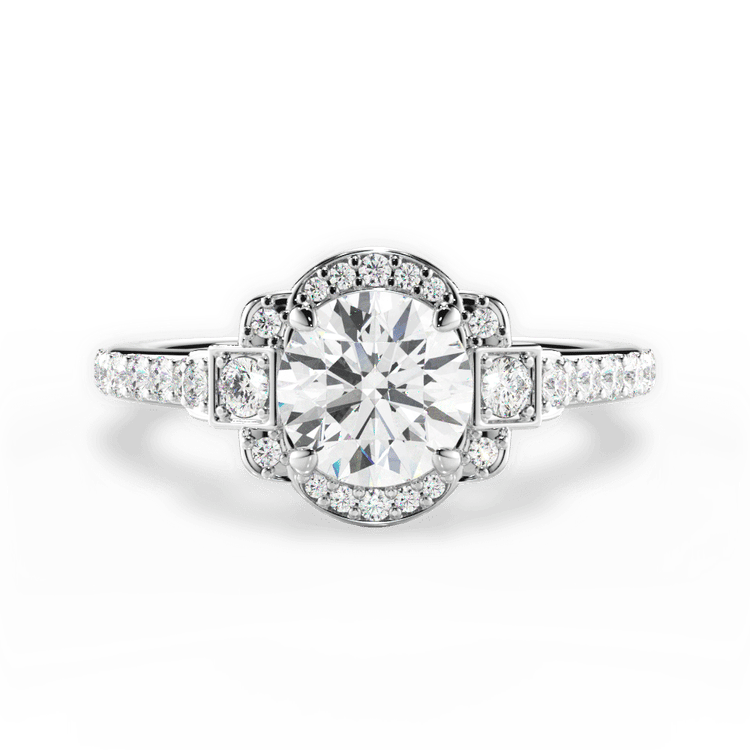 The Nota Round Cut Platinum Vintage Peony Halo Engagement Ring