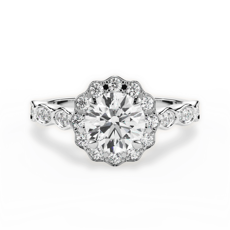The Talia Round Cut Platinum Floral Halo and Marquise Diamond Engagement Ring