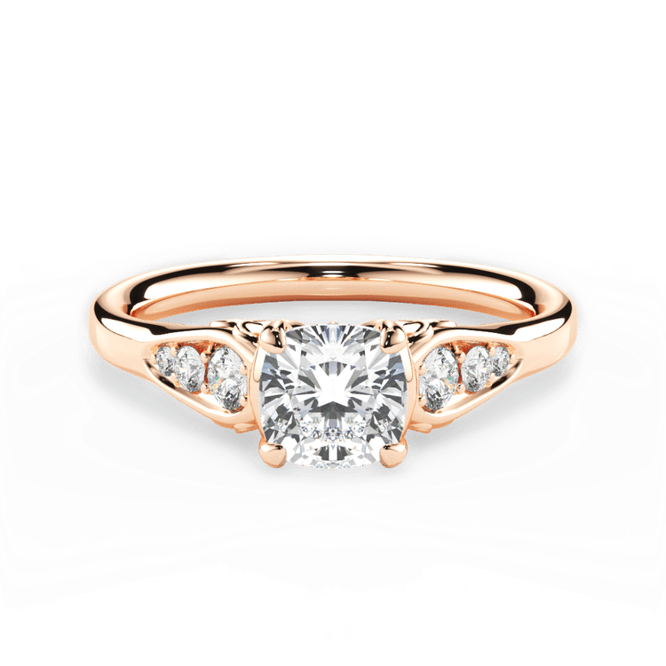 The Sloan Cushion Cut 18kt Rose Gold Graduating Diamond Sidestone Engagement Ring