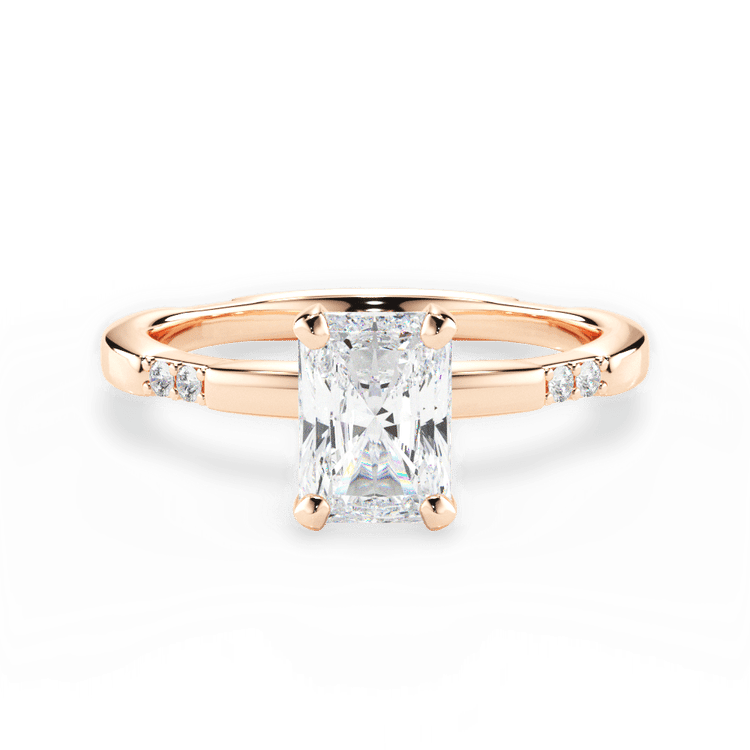 The Genesis Radiant Cut 18kt Rose Gold Tapered Diamond Engagement Ring