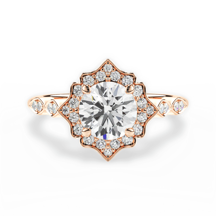 The Capri Round Cut 18kt Rose Gold Vintage Floral Halo Diamond Engagement Ring