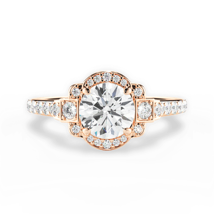 The Nota Round Cut 18kt Rose Gold Vintage Peony Halo Engagement Ring