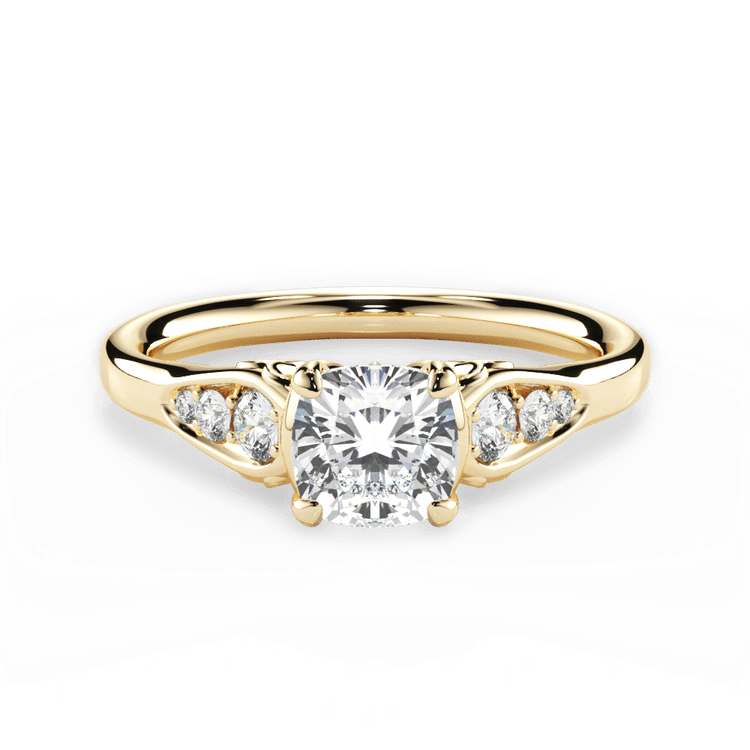 The Sloan Cushion Cut 18kt Yellow Gold Graduating Diamond Sidestone Engagement Ring