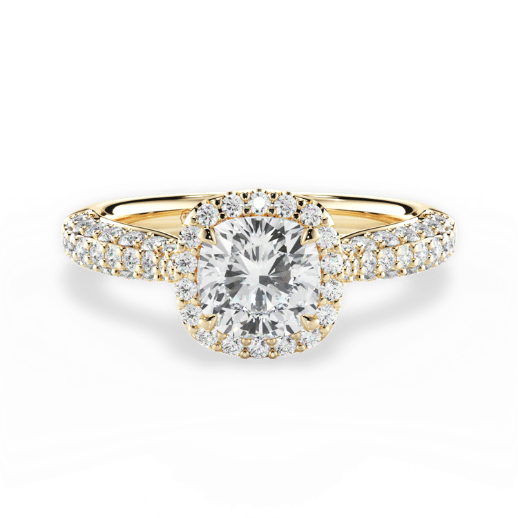 The Leilani Cushion Cut 18kt Yellow Gold Three Row Pavé Diamond Halo Engagement Ring