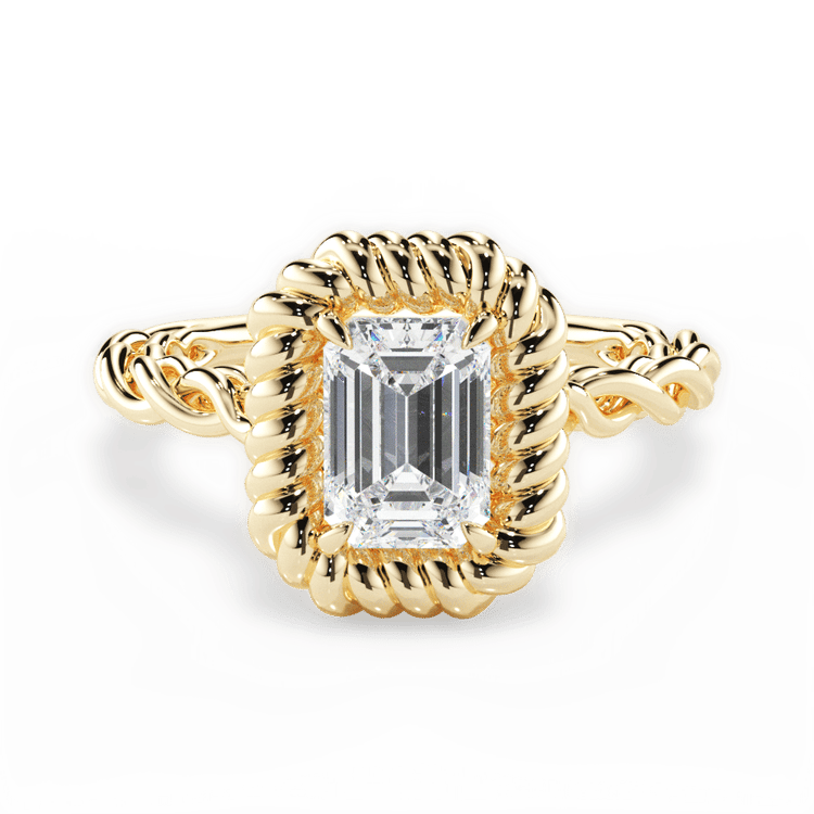 Emerald Cut 18kt Yellow Gold Twisted Metal Halo Engagement Ring