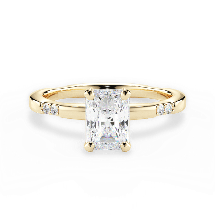 The Genesis Radiant Cut 18kt Yellow Gold Tapered Diamond Engagement Ring