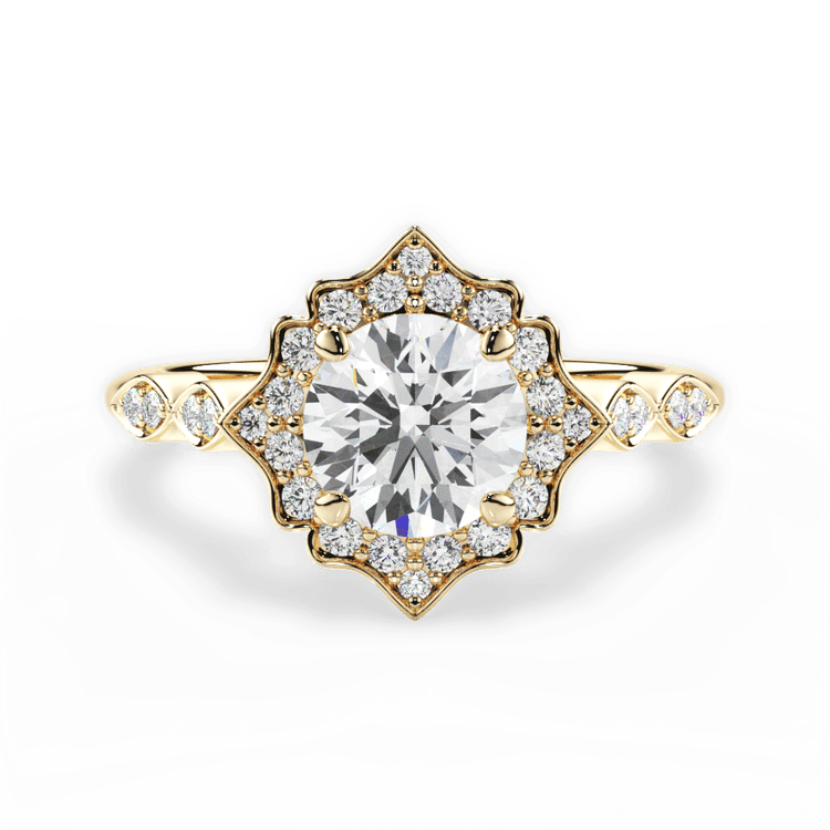 The Capri Round Cut 18kt Yellow Gold Vintage Floral Halo Diamond Engagement Ring
