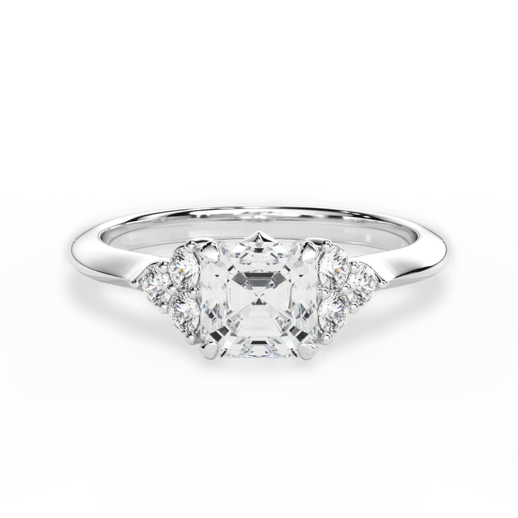 The Dalia Asscher Cut Platinum Cluster Sidestone Diamond Engagement Ring