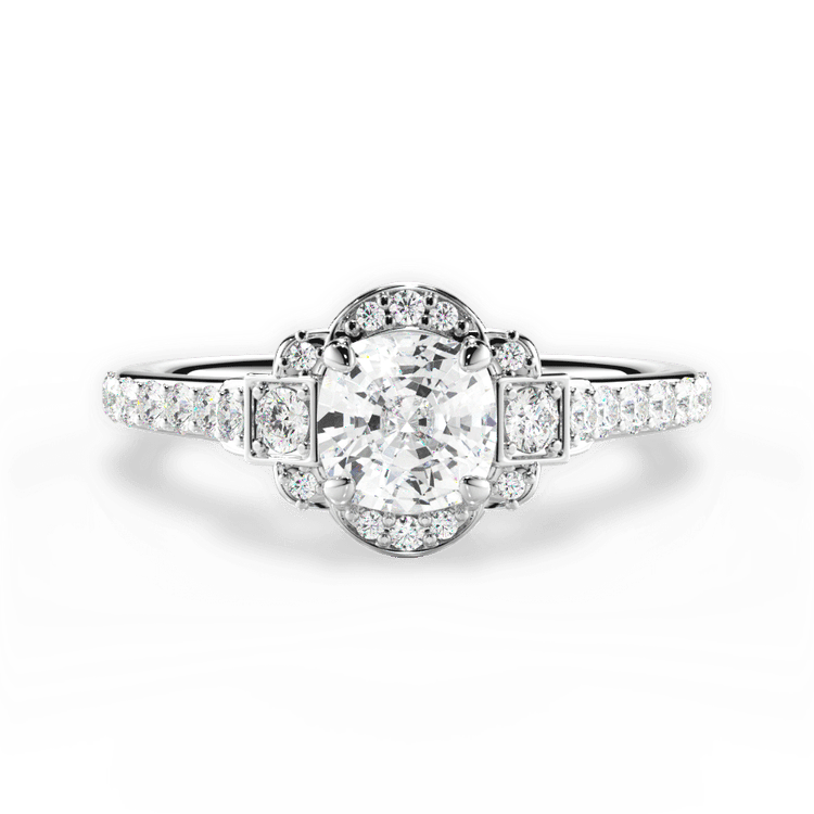 The Nota Cushion Cut Platinum Vintage Peony Halo Engagement Ring