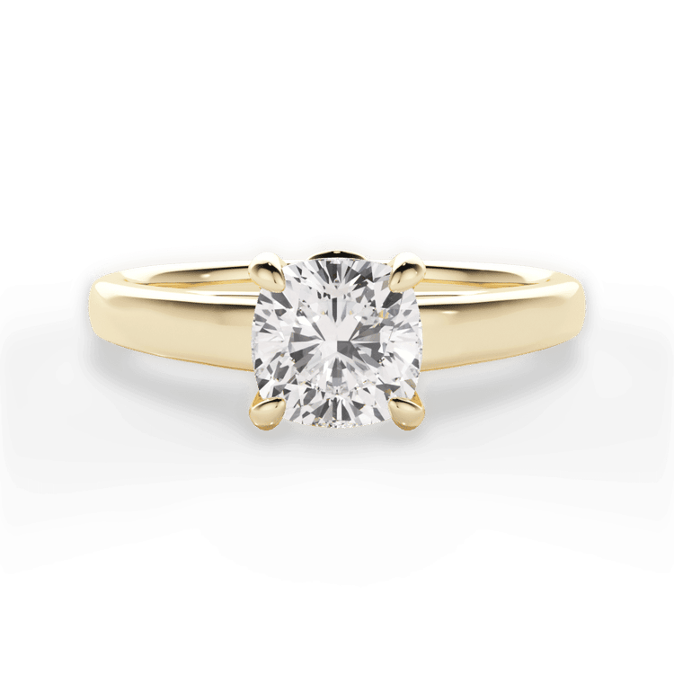 The Samira Cushion Cut 18kt Yellow Gold Solitaire Cathedral Engagement Ring with Surprise Diamonds