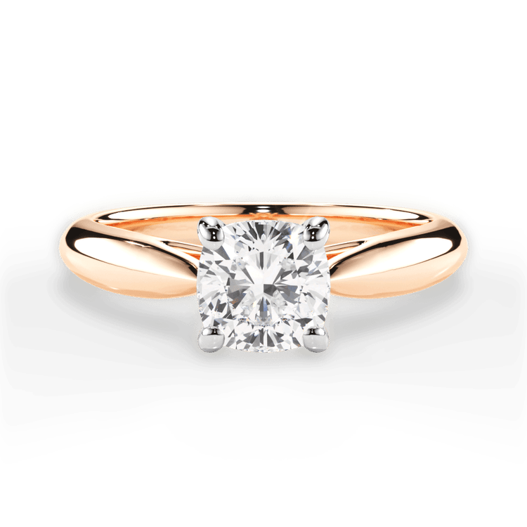The Jasmine Cushion Cut 18kt Rose Gold Tapered Cathedral Solitaire Engagement Ring