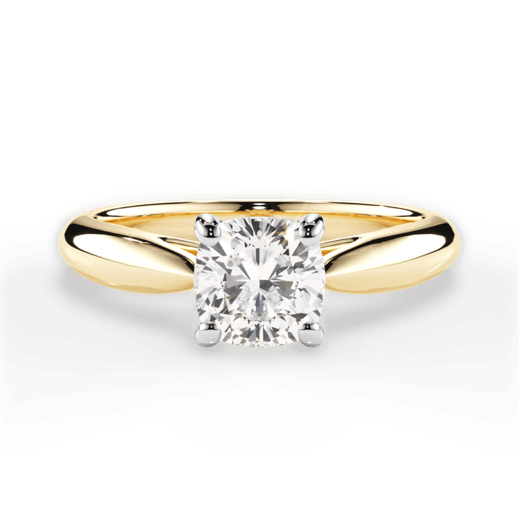 The Jasmine Cushion Cut 18kt Yellow Gold Tapered Cathedral Solitaire Engagement Ring