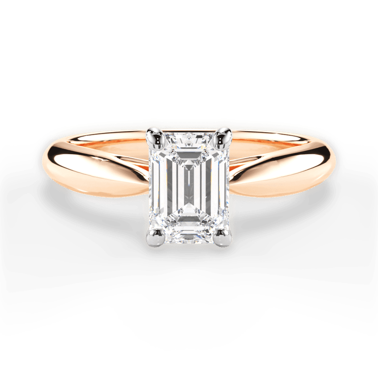 The Jasmine Emerald Cut 18kt Rose Gold Tapered Cathedral Solitaire Engagement Ring
