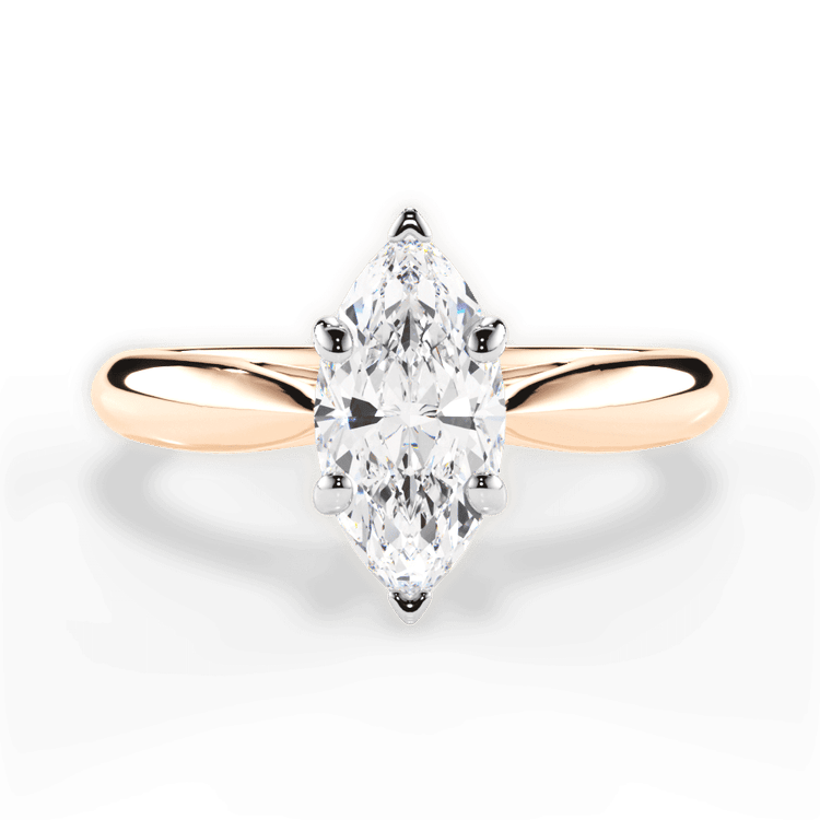 The Jasmine Marquise Cut 18kt Rose Gold Tapered Cathedral Solitaire Engagement Ring
