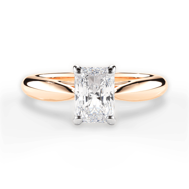 The Jasmine Radiant Cut 18kt Rose Gold Tapered Cathedral Solitaire Engagement Ring