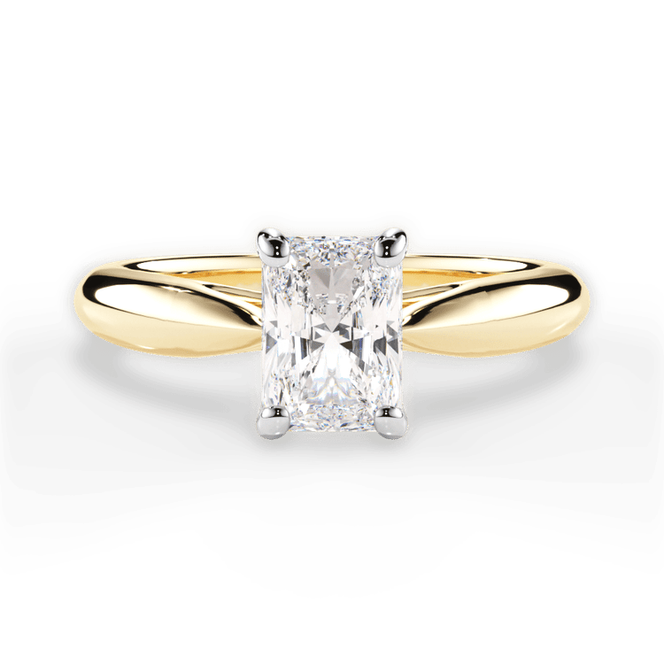 The Jasmine Radiant Cut 18kt Yellow Gold Tapered Cathedral Solitaire Engagement Ring