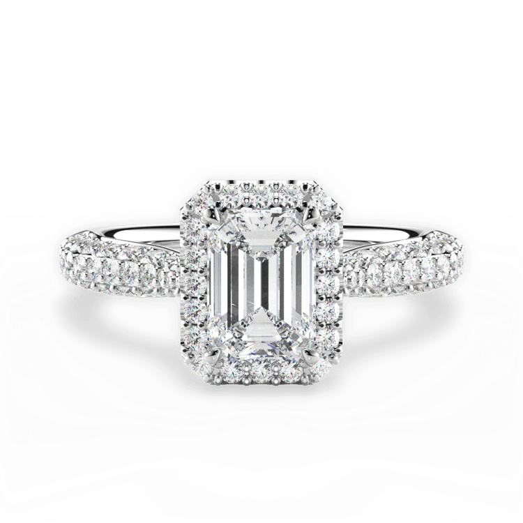 The Leilani Emerald Cut Platinum Three Row Pavé Diamond Halo Engagement Ring