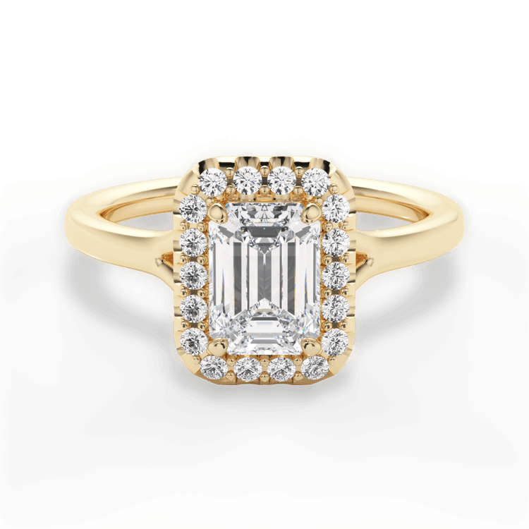 The Celia Emerald Cut 18kt Yellow Gold Split Shank Halo Diamond Engagement Ring
