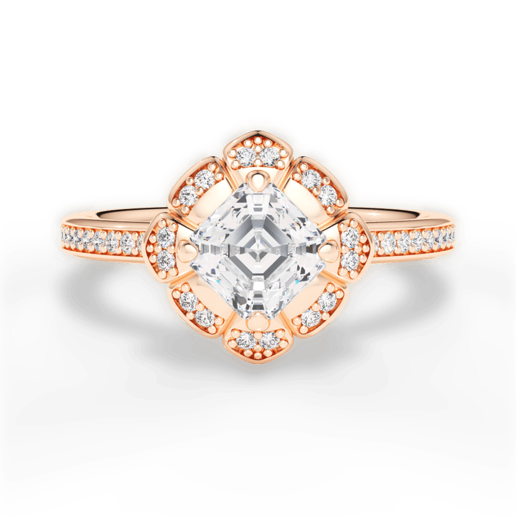 The Celeste Asscher Cut 18kt Rose Gold Petal Halo Diamond Engagement Ring