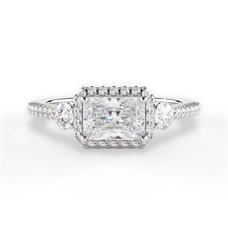 The Emelia Radiant Cut Platinum East To West Three-Stone Halo Diamond Band Engagement Ring