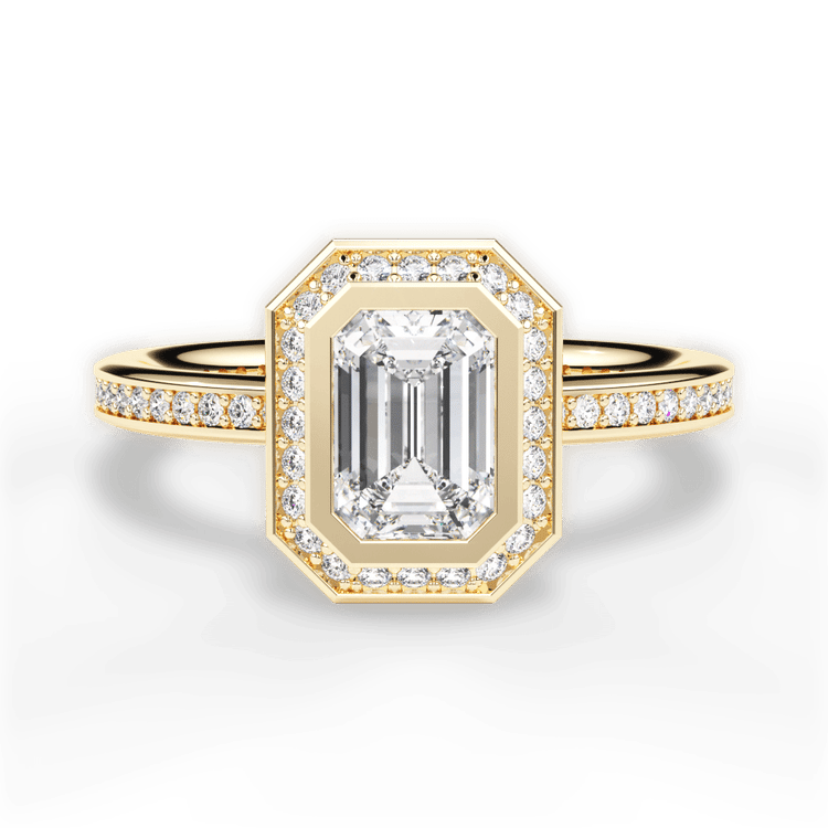 The Ritani Endless Love Emerald Cut 18kt Yellow Gold Round Vintage Halo Micropavé Diamond Band Engagement Ring