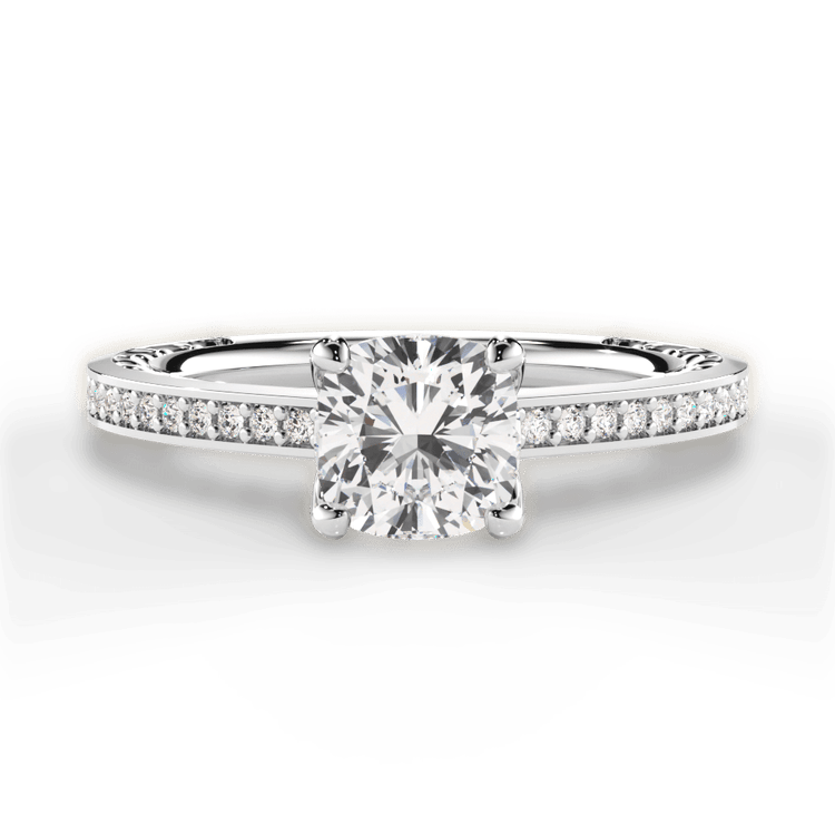 The Teisha Cushion Cut Platinum Lattice Micropavé Diamond Band Engagement Ring