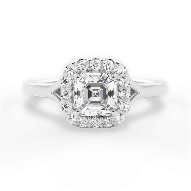 The Celia Asscher Cut Platinum Split Shank Halo Diamond Engagement Ring