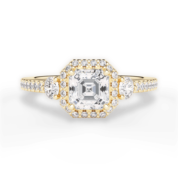 The Lina Asscher Cut 18kt Yellow Gold Three Stone Halo Diamond Band Engagement Ring